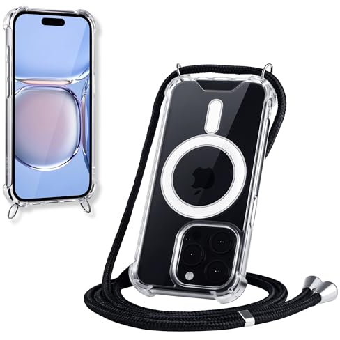 JProtect für iPhone 15 Pro Hülle mit Band und MagSafe – Magnetische Handykette für iPhone 15 Pro Magnet – Durchsichtige Umhängehülle Band Schwarz – Kette Handyhülle für MagSafe Zubehör