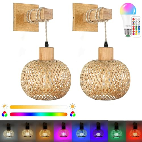 2Pcs Vintage boho Wandleuchte mit Stecker,16 RGB Dimmable Vintage Nachttischlampe Rattan Bambus Lampenschirm,Wandb efestigung Leselampe,Rustikal Seil Wandlampe, E27 für Schlafzimmer Wohnzimmer Flur