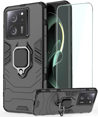 DERHAN Hülle für Xiaomi 13T / Xiaomi 13T Pro, Handyhülle mit Ring Halter + Schutzfilm, Panzerhülle mit Ständer, Handy Hüllen Stoßfest Schutzhülle - Schwarz