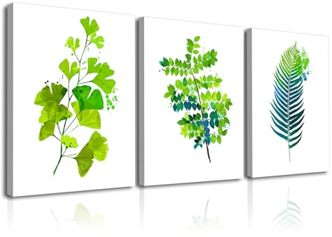 Piy Painting Set von 3 Grüne Blätter Bild auf Leinwand Estilo Nórdico 30x40cm, Pflanze Leinwandbilder Gemälde Moderne Wanddekoration Bilder mit eingebautem Holzrahmen für Wohnzimmer Büro