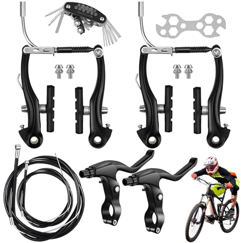 Fahrrad Bremsen Set V Brake, Universal Bremsen Fahrrad Set, Vordere und Hintere MTB Bremse, Bremsseile und Bremshebel Kit, Aluminium Fahrrad V Bremse für Rennrad, Faltrad, Hybridfahrrad (schwarz)