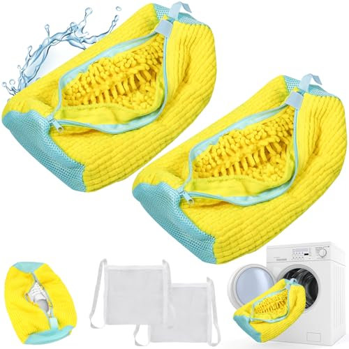 2 Pezzi Sacchetto Scarpe Lavatrice, Sacchetto per Lavare Scarpe in Lavatrice con Cerniera Resistente e Pulizia 360° Riutilizzabile (Giallo)