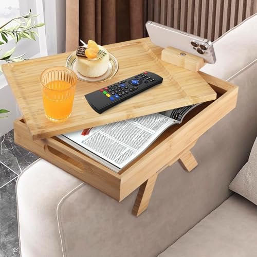 ExKeen Sofa Arm Tray Table with 360 Rotating Phone Bracket, Two-Tier Clip On Tray Sofa Table,Non-Slippery Wooden Sofa Tray for Magazine, Remote, Drinks & Snacks, Foldable Sofa Table for TV Dinners