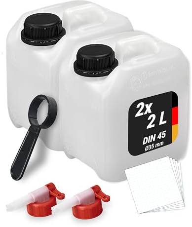 Trevendo 2er-Set Wasserkanister - Leerkanister - Kunststoffkanister (2 Liter, DIN 45, Ø35 mm) - lebensmittelecht & BPA-frei - inkl. Deckel, 2 Auslaufhähne, Ringschlüssel & 5 Beschriftungsetiketten