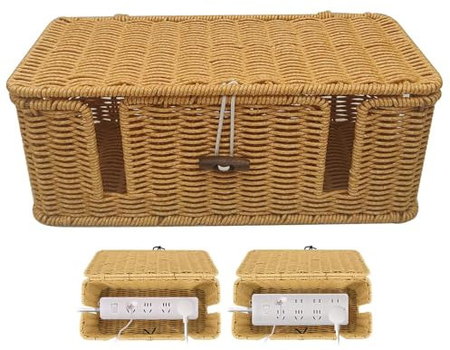 Cable Management Box - Handwoven Electronics Wire Storage Case, 4 Open Slots Wicker Cable Organizer, Imitation Rattan Cord Box Holder For TV Wires, Computer, Router, USB Hub