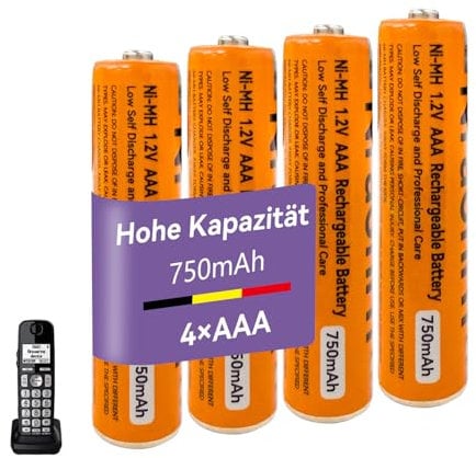 Batterie Ricaricabili AAA 750mah 1,2v per Ricevitore Gigaset, NI-MH Pile Ricaricabili AAA 750 mah per Panosonic Telefoni Cordless - confezione da 4