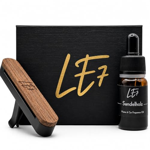 LE7 Autoduft I Auto Parfüm I Auto Lufterfrischer I Sandelholz Autoparfum I Bis 6 Monate Haltbarkeit I Parfüm mit luxuriöser Halterung I 5ml Premium duftöl (Sandelholz, Schwarz)