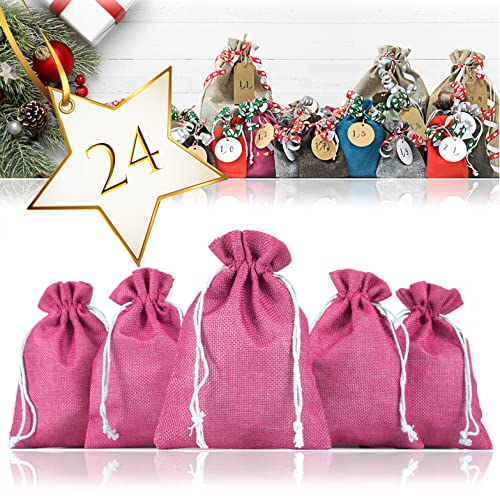 Ganzoo 24er Set Jutesäckchen für Adventskalender zum selbst befüllen, 17,5cm x 12,5cm, Jutebeutel, Stoffbeutel, Natur Säckchen, Geschenksäckchen, Sack, Beutel – (Magenta)
