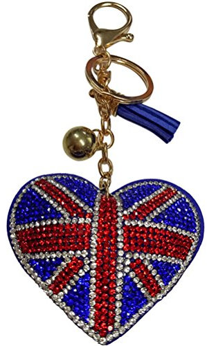 Porte-clés drapeau du Royaume-Uni avec pompons en forme de cœur en strass pour voiture, à main, décoration pour garçons, hommes, de fête