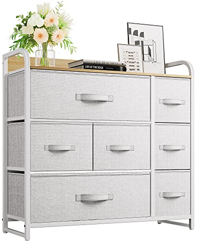 YITAHOME Commode- Meuble de Rangement en Tissu avec 7 tiroirs pour Chambre, Salon, Armoire, Couloir- Cadre Robuste en Acier, Dessus en Bois & Bacs à Tissus Faciles à Tirer (Gris Clair)