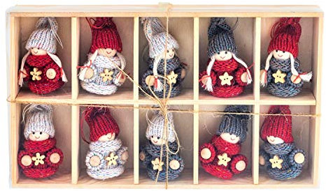 Wichtel Holzpüppchen mit Häkelkleid 8 cm in Holzbox Weihnachtswichtel (10 Stück)