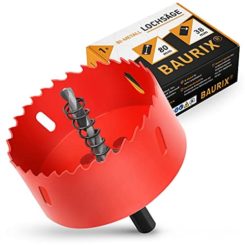 BAURIX® Scie-cloche bi-métal - Scie cloche pour metal, le bois, le PVC et les matières plastiques - Scie a cloche bois bi-métal pour la construction sèche, le bois, les prises électriques (Ø 80 mm)
