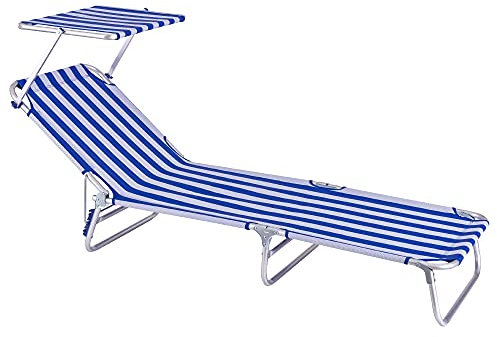 LOLAhome Tumbona Jardín Exterior con Parasol| Ligera Plegable y Reclinable| 3 Posiciones | para Playa Camping Piscina Terraza o Jardín Azul