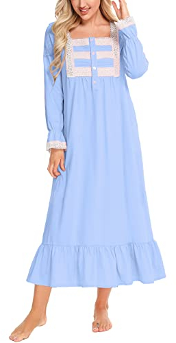 Rubehoow Women's Soft Cotton Night Shirt Vintage Button Down House Dress Long Victorian Style Ladies Sleep Gown Light Blue, XXL