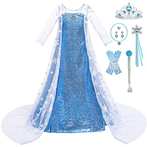 Tyidalin Prinzessin Elsa Kostüm Mädchen Eiskönigin Elsa Kleid Kinder Cosplay Karneval Halloween Party Geburtstag, Blau, 98-104(Etikett 100)