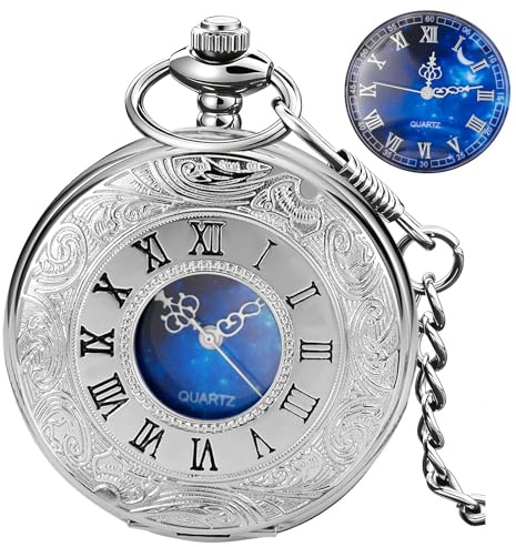 Tiong Pocket Watch Hollow Blue Star Design Roman Numerals Pocket Quartz Watches with Chain Christmas Birthday Gifts for Men Women