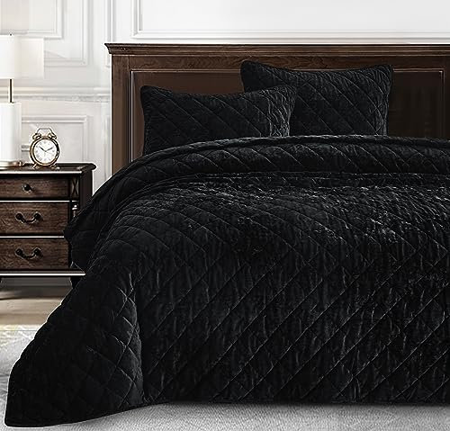 Chezmoi Collection Lux Steppdeckenset, plüschige strukturierte Samtbettwäsche, leichte Ganzjahresdecke mit Rautensteppung und gebürsteter Mikrofaser-Rückseite, Schwarz, Queen-Size, 3-teilig