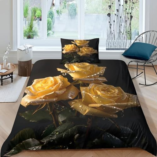 Golden Rose Bettbezug-Set Premium Superweiche Bettdeckenbezug Kollektion - Leichter, Kühlender Bedding Set Weicher, Strukturierter Blooming Flowers Bettwäsche Single(135x200cm)