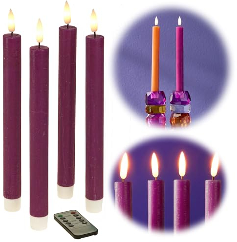 LS-LebenStil 3D Stabkerze Lila 24,5cm Echtwachs 4´er Set Timer bewegliche Kerzen Flamme