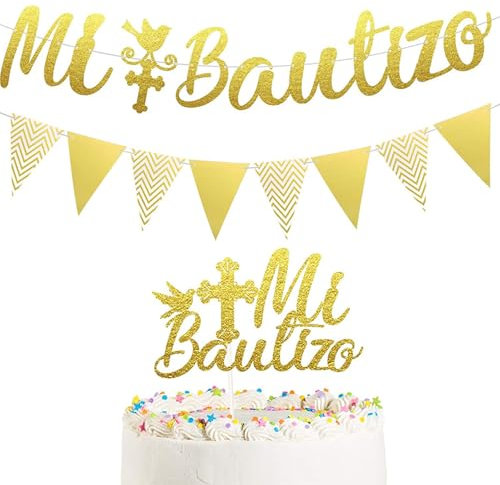 LYNSAN Decoraciones de Bautizo, Guirnalda de Pancarta Mi Bautizo Tarta Cake topper Primera Comunión Dorada Suministros de Fiesta Baby Shower Niños