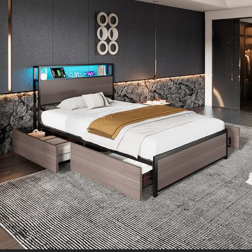 3ft Single Bed Frame Solid Metal Bed Frame with LED Light Strip, 4 Storage Drawers and USB Type C Ports, Metal Platform Bed Frame with Storage Headboard, No Box Spring Needed, Metall Support, Grey