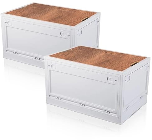 Froppi 2 Pack x 70L Plastic Storage Box with Lid | Large Camping Storage Box | Collapsible Car Boot Organiser | Wooden Board Lid | Cream White L62 W42 H35.2 cm