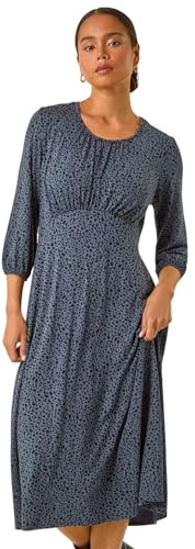 Roman Petite Gathered Chest Dress for Women UK Ladies Stretchy Fit & Flare Swing Tea A Line Skater Knee Length Long Sleeve Midi Smart Casual Work Going Out Party - Petite Slate - Size 14