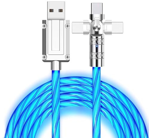 1M USB C Charger Cable,180° Rotating Type C Charger line,Light up Charging Cable USB A to USB-C,Features Data Transfer for iPhone 15/16 for Samsung Galaxy S20/S10/S9/S8(Blue)
