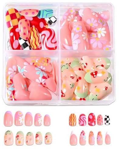 LAJUP 96 Pcs Ongles Artificiels à Coller, Designs Fleurs-Cerises-Points-Et-Lignes, Jolis Faux Pour Filles, Ongles à Presser (A)