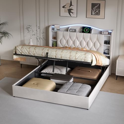 HYTKKBD Polsterbett Doppelbett 160x200 cm, Stauraumbett Bettgestell mit USB und LED, Gepolstertes Bett mit Stauraum Kopfteil und Lattenrost, Boxspringbett 160x200, Beige Samt