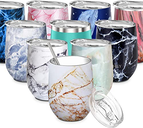 THILY Stainless Steel Stemless Wine Glass Triple Vacuum Insulated Tumbler Travel Cute Cup with Lid, Reusable Straw, Keep Cold & Hot for Wine, Coffee, Birthday Bride Xmas Gift, Gold Marble