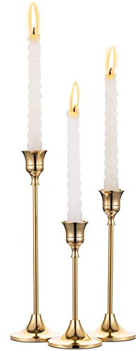 NUPTIO 3 Stück Messing Gold Metall Taper Kerzenhalter, Vintage Kerzen Ständer Herzstück für Tisch Kaminsims Hochzeit Housewarming Geschenk, Kerzenhalter Stabkerze für Tischdeko Weihnachten Couchtisch