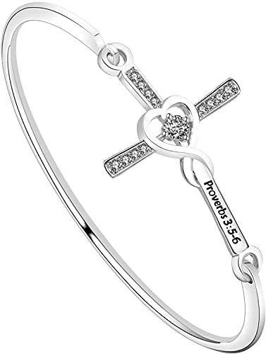 Christliches Armband Glaube Armband Sprüche 3:5-6 Trust in The Lord with All Your Heart Bibel Vers Kreuz Armreif Religiöses Geschenk Taufe Geschenk, S,
