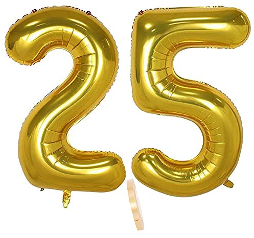 2 globos numeros 25 años, Number globo número 25 Dorado para Hombres Mujeres niños,40 Figuras Gold globo de lámina de helio inflable, gigante grande decoración fiesta de cumpleaños boda (xxxl 100cm)