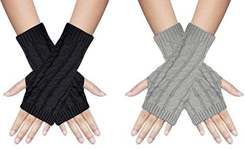Rowwait 2 Pairs Women Arm Warmers Gloves, Fashion Winter Warm Fingerless Gloves Wrist Arm Warmers Knit Mittens Half Finger Glovesfor Ladies Girls (Black,Grey)