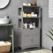 COSTWAY Bathroom Storage Cabinet, Wooden Freestanding Tall Cupboard with Open Shelves, Drawer and Door, Home Kitchen Living Room Hallway Organiser Unit (Grey)