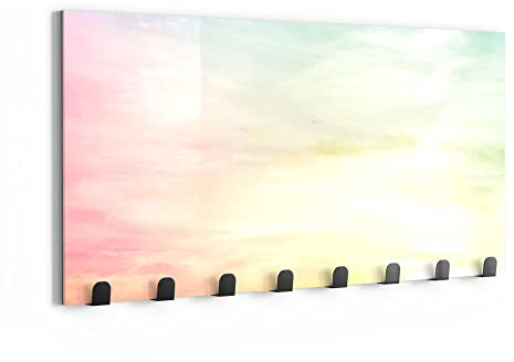 DEQORI Wandgarderobe Glas & Metall | Motiv Pastelliger Himmel | 60x30 cm | Design Haken-Leiste modern | Garderoben-Paneel für Flur, Wohnzimmer & Schlafzimmer | magnetisch & beschreibbar