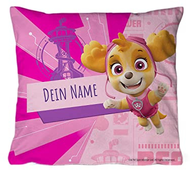 PICANOVA – PAW Patrol Skye Kissen mit Name 40x40cm – mit Füllung – Text individuell Bedruckt – Zierkissen Dekokissen – Schlaf- und Wohnzimmertauglich