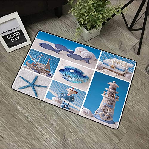 URSOPET Rutschfester Badvorleger,,Meeresdesign-Objekte Fische Muscheln Seesterne Perlen Leuchtturm Segelboot,,Mikrofaser Duschvorleger Teppich für Badezimmer Küche Wohnzimmer 40x60 cm
