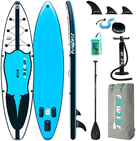 FunWater Aufblasbares Stand Up Paddle Board Surfbrett SUP Komplettes Paddleboard Zubehör Verstellbares Paddel, Pumpe,Reiserucksack, Leine, wasserdichte Tasche, Erwachsene Paddelboard