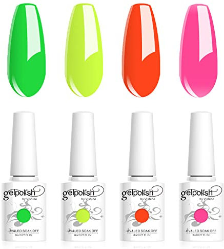 Vishine Smalto Gel Semi permanente, un set di quattro luci al neon di colore, Fluorescente Verde Lime Giallo Arancio Rosa Caldo Serie Nail Art Smalto UV LED Gel enhancement 8ml C028