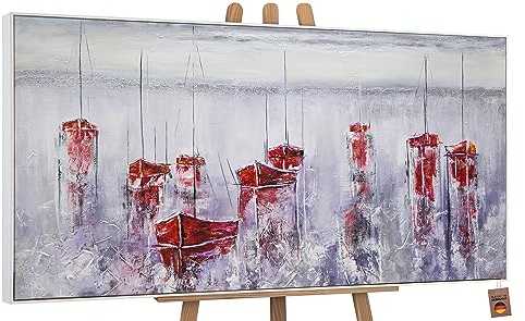 YS Tableau peinte à la main Un port tranquille Toile abstraite moderne voiliers rouges paysage marin brumeux Surface texturée avec cadre 160x80 cm