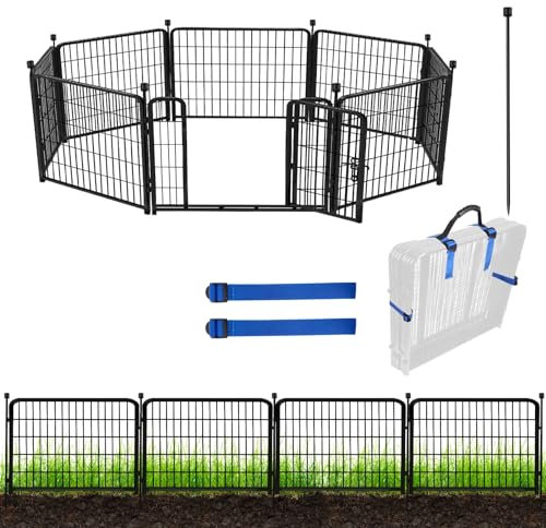 ADAVIN Gartenzaun mit Tor, 61 cm (H), 8 Paneele, insgesamt 60 cm (L), robuster Eisen-Metall-Tier-Absperrzaun, Hundezaun für den Außenbereich, für Hof, temporäres Zäunen, kein Graben für den Garten,
