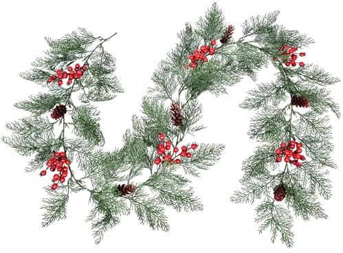 DearHouse Weihnachtsgirlande aus Kiefernholz mit Fichte, Zypressen, Beeren, Tannenzapfen, Winter, künstliche Grüngirlande für Urlaub, Kamin, Tischläufer, Mittelstück, Weihnachtsdekoration