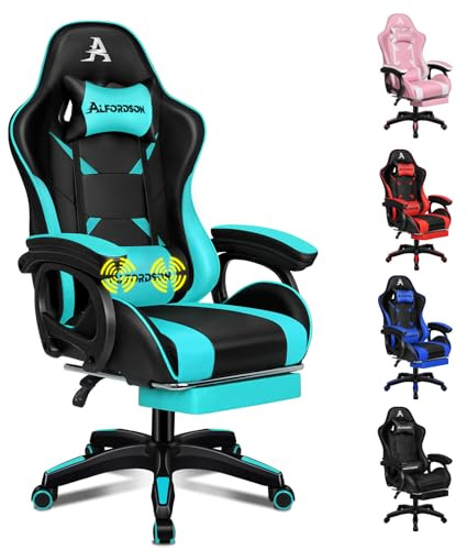ALFORDSON Gaming Stuhl Massage Gamer-Stühle,ergonomischer Bürostuhl,Cyan | Gaming-stuhl Computerstuhl einziehbar Fußstütze, Schreibtischstuhl bis 180 kg,90-150° neigbar,Höhenverstellbar Drehstuhl