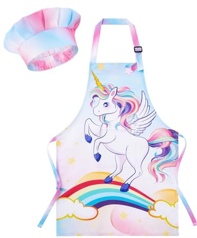 WERNNSAI Unicornio Conjunto de Delantales y Gorro de Chef para Niños Arte para Niñas Bata de Pintura para Niños Bata de Pintura de Jardinería con Bolsillo Bata de Pintura Disfraz