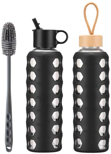 BLUEGO Botellas de cristal, 700 ml Vaso de cristal, botellas para beber con 2 tapas, botella de agua deportiva con funda de silicona, a prueba de fugas, negro