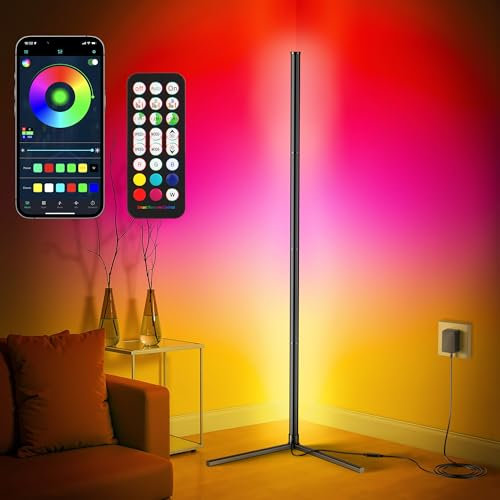 riyo Corner Floor Lamp, LED Corner Lamp Smart RGB Standing Lamp with APP & Remote Control, Corner Light with 16 Million Colors, 68+ Scene Modes, Music Sync for Living Room, Bedroom, and Gaming Room