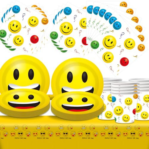 Fuwraixis 61 pezzi di stoviglie per feste Smile Emoji, Decorazioni per feste divertimento, Set per festa di compleanno per bambini, Include tovaglie piatti tovaglioli tazze, 20 persone