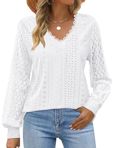 Elesomo Womens Tops Lace Long Sleeve V Neck Blouses Dressy Eyelet Shirts, White L